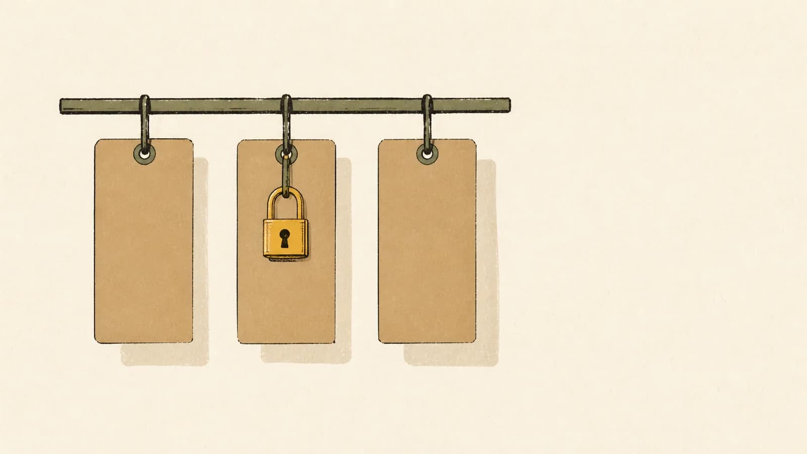 Illustration of three blank hanging tags, the middle one carrying a closed padlock.