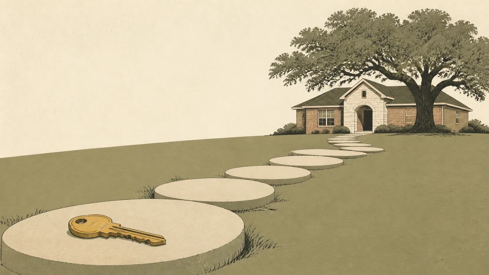 Illustration of stepping stones curving toward a small house, with a key resting on the first stone.