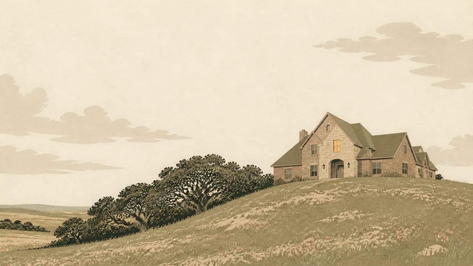 Illustration of a large stone and brick house on the crest of a low grassy mound above flat prairie.