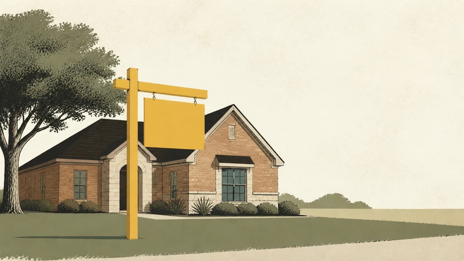 Illustration of a house with a tall blank yard sign standing in front of it.