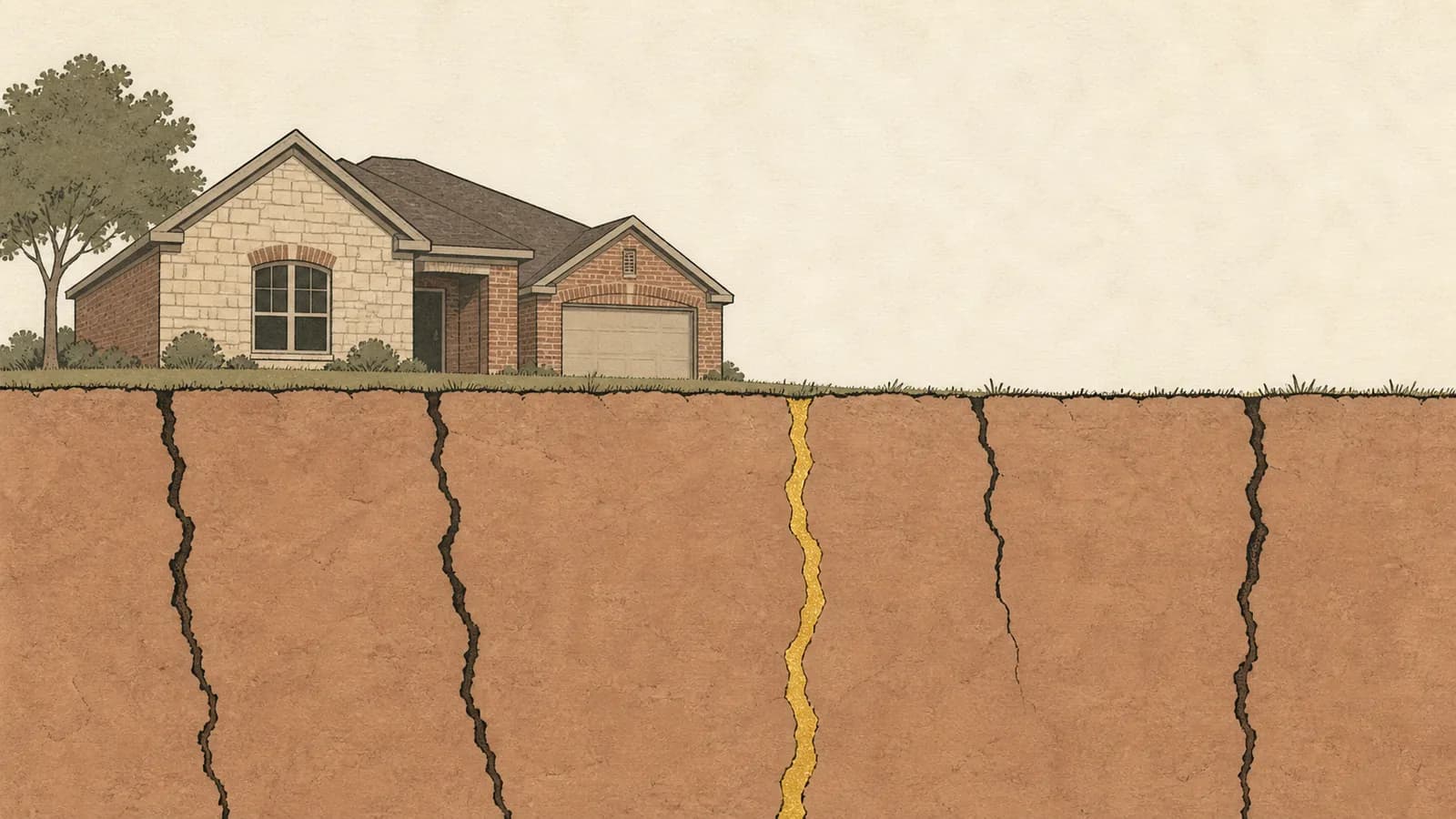 Illustration of a cross-section of cracked clay soil beneath a simplified house.