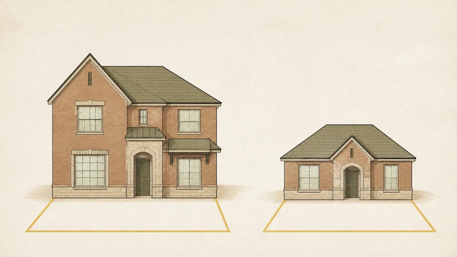 Illustration of a large house and a smaller house standing on identically sized ground footprints.