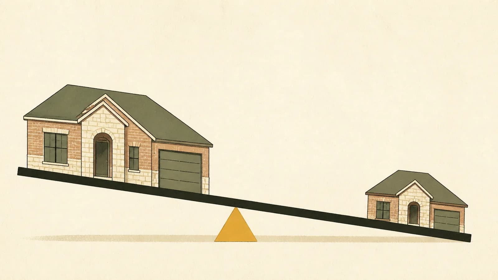 Illustration of two houses balanced on a tipping plank over a triangular fulcrum.