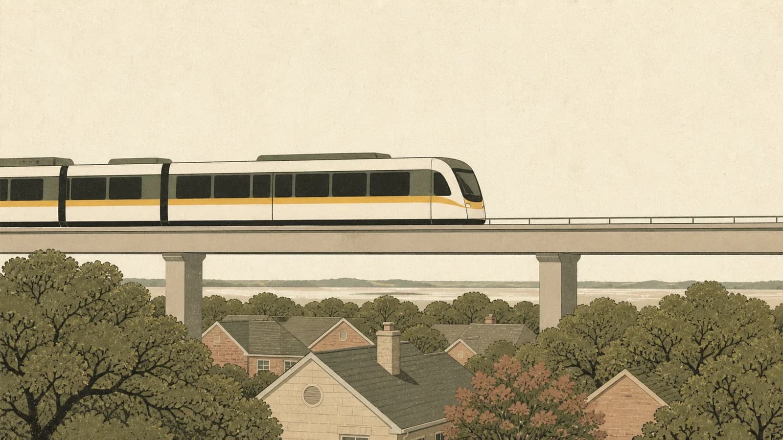 Illustration of a light rail train on an elevated track above modest rooftops, with lake water on the horizon.