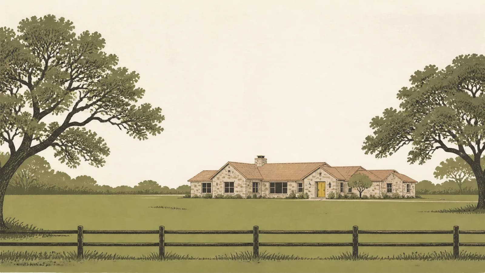 Illustration of a large stone house set far back behind a low ranch fence on a wide lawn.