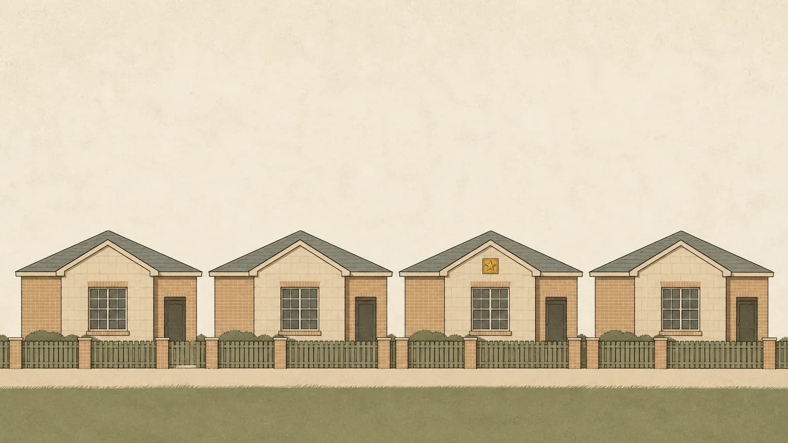 Illustration of four identical houses in a row, one of which has a single different small element.