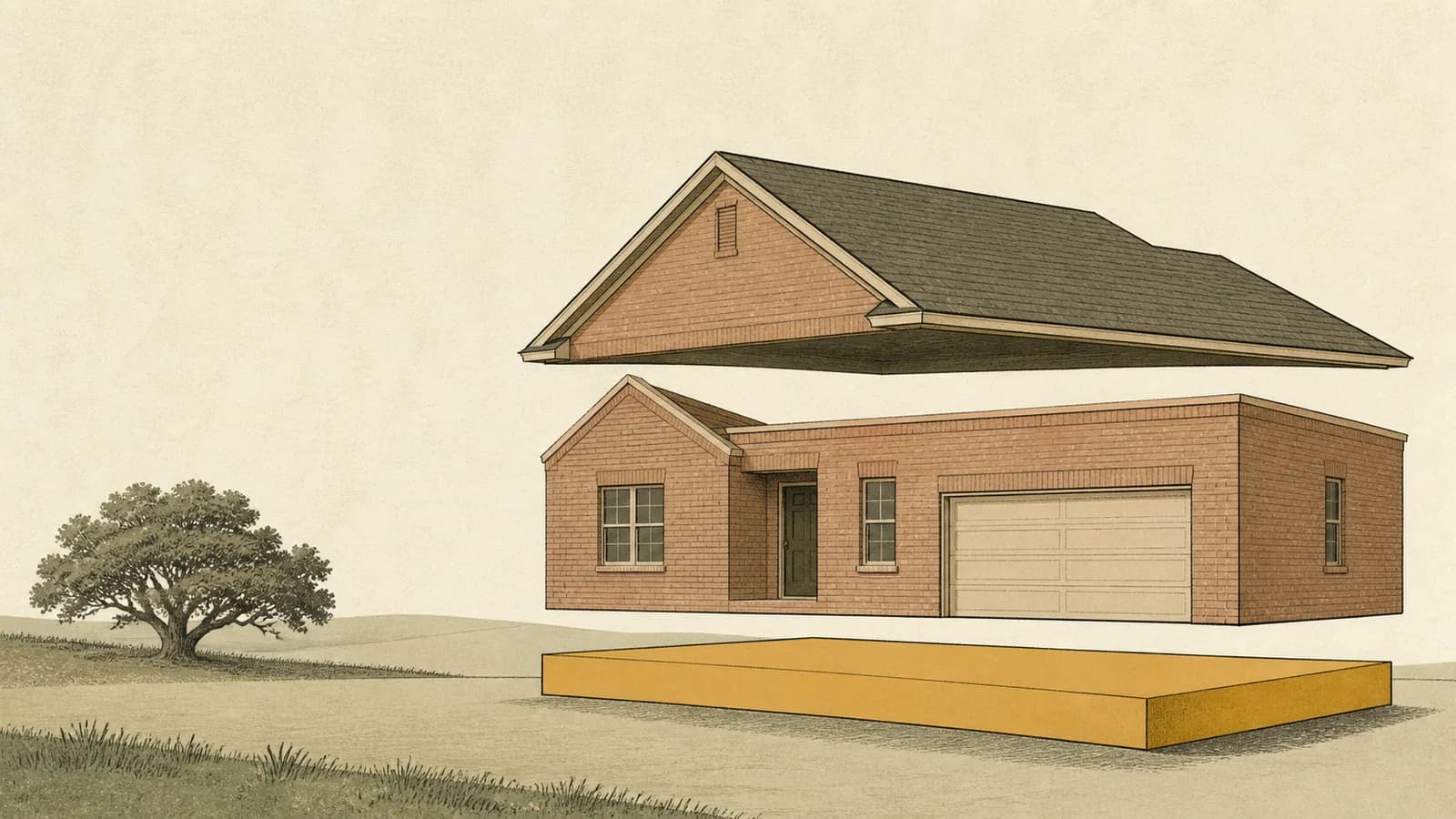 Illustration of a house shown as separate flat layered bands for roof, walls and slab.