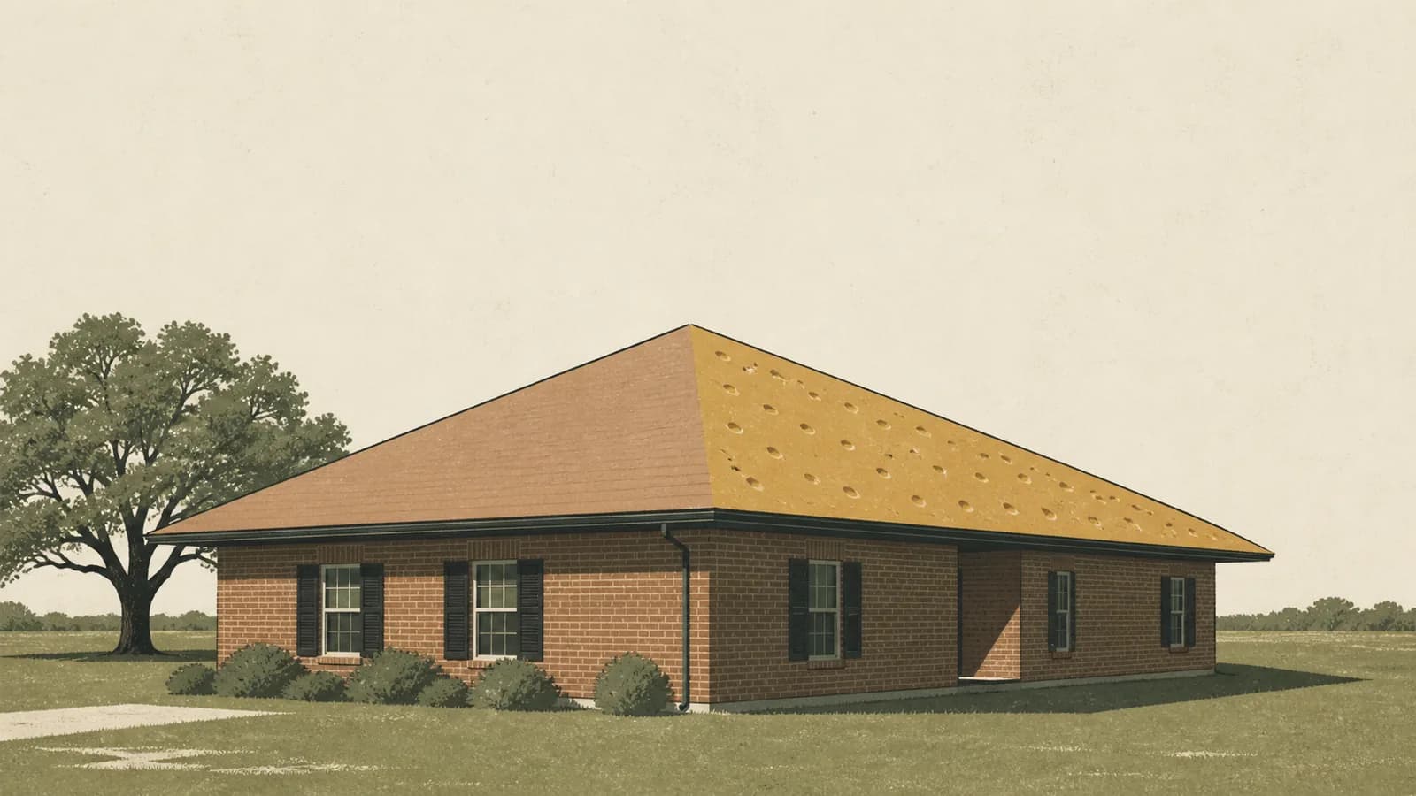 Illustration of a house whose broad roof plane is pitted with small round dents across one half.