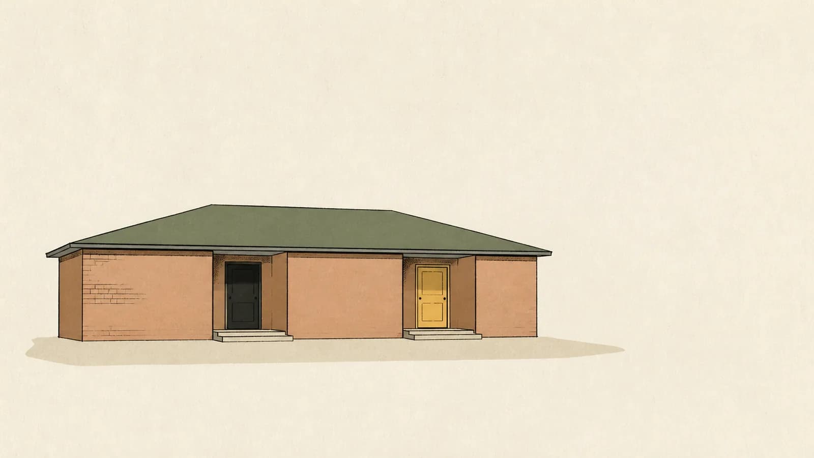 Illustration of a duplex under one roofline with two separate door bays, one door highlighted.