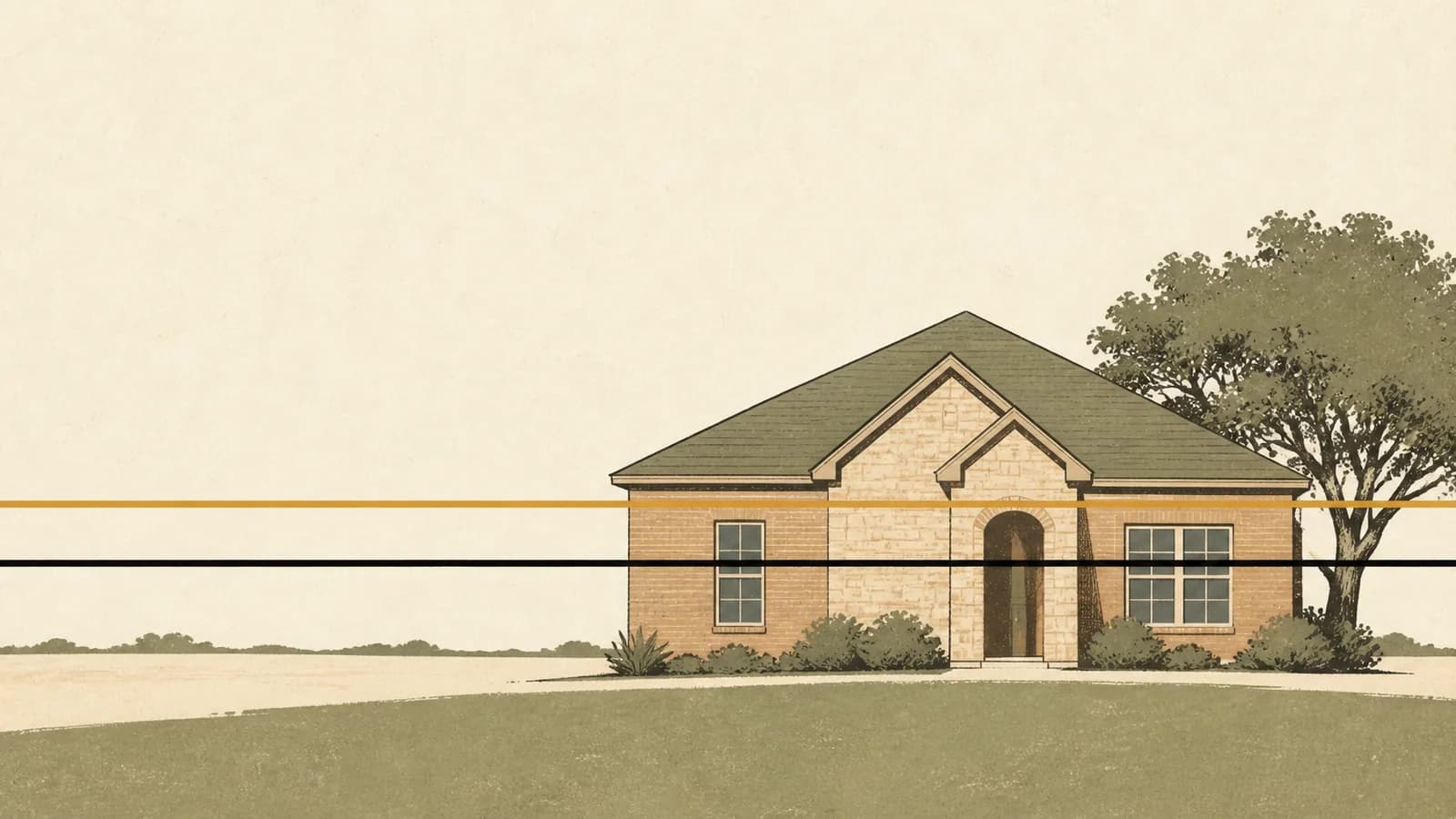 Illustration of a house crossed by two long horizontal rules extending past it on both sides.