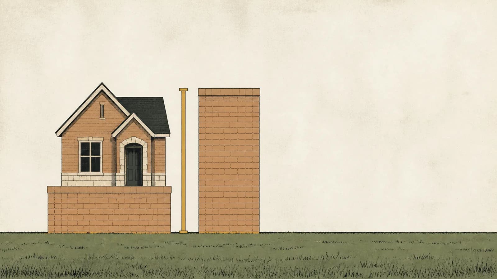 Illustration of a house on a short plinth beside a much taller empty plinth, with a measuring rod marking the difference.