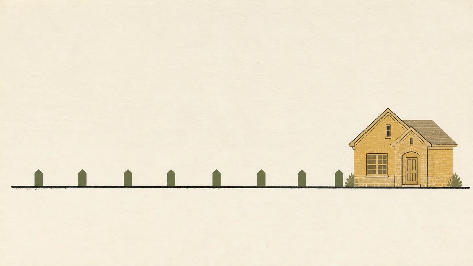 Illustration of a long horizontal rule with eight small markers leading to a house at the end.