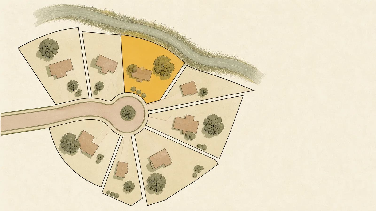 Overhead illustration of a cul-de-sac with eight differently shaped land parcels around it.