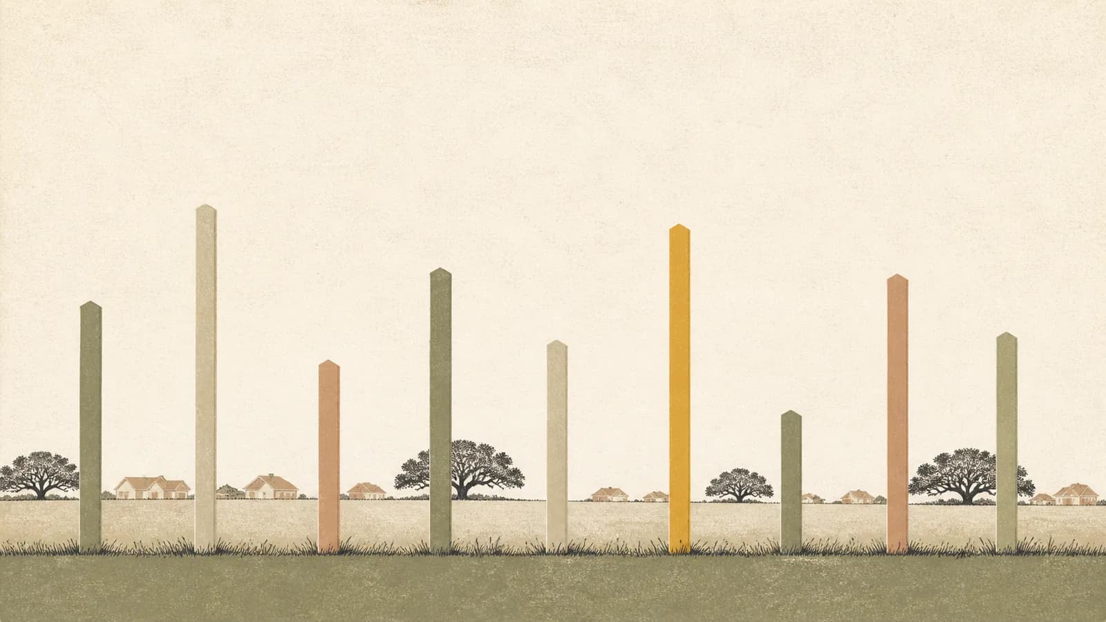 Illustration of nine survey markers of different heights standing in a row across prairie, with distant rooftops behind.