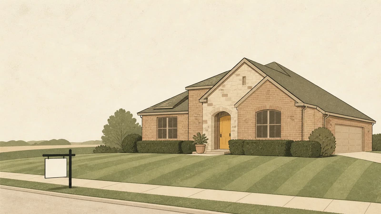 Illustration of a tidy brick house with a striped mown lawn and a blank yard sign at the curb.