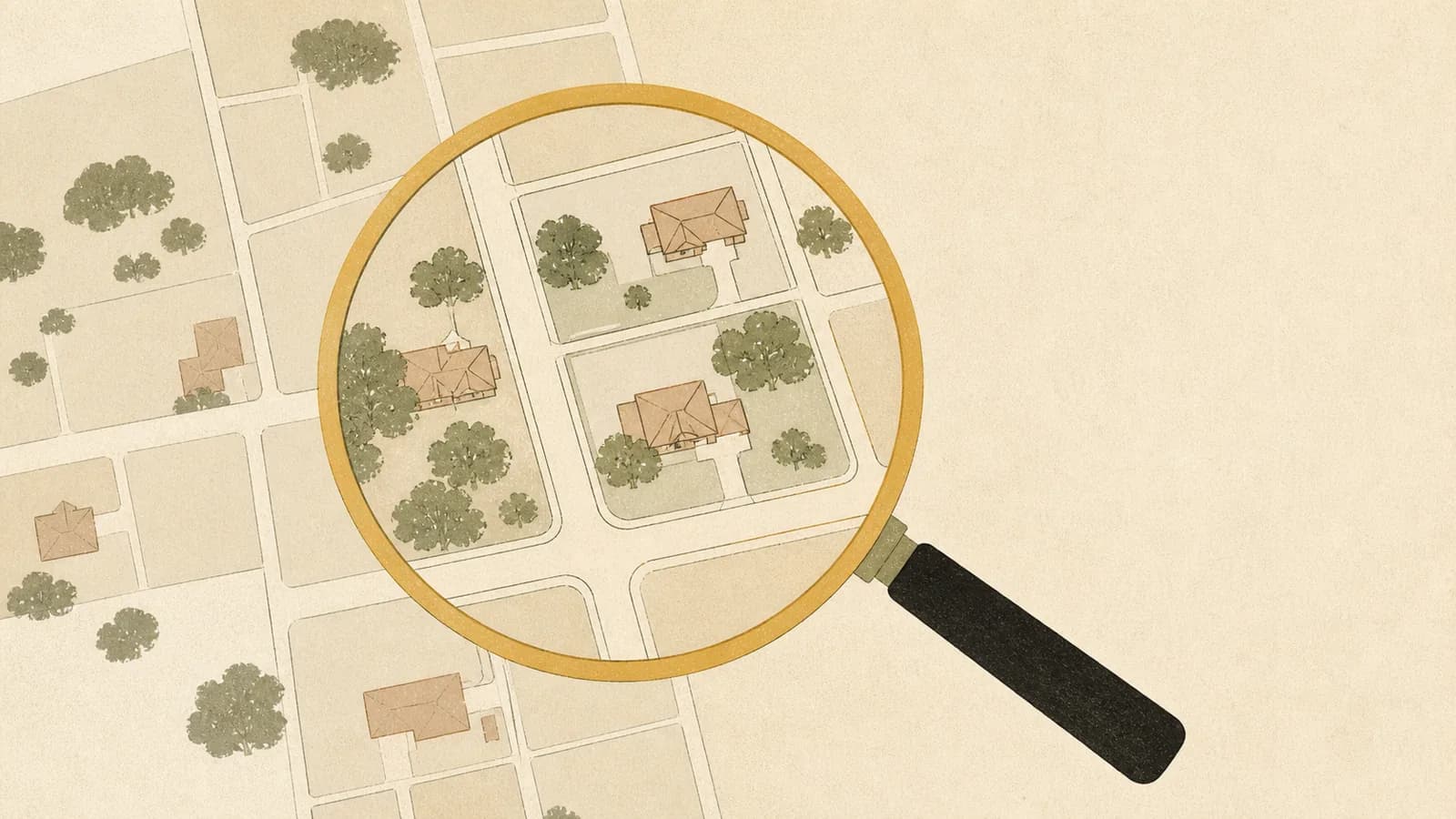 Illustration of a magnifying lens over an overhead arrangement of blank land parcels and roads.