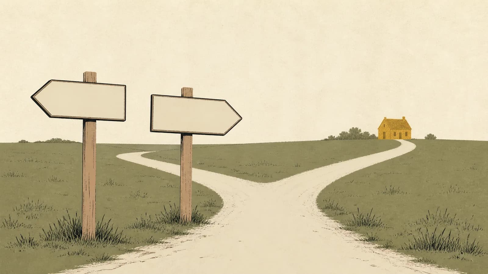 Illustration of a fork in a prairie road with two blank arrow signs and a small house on one horizon.