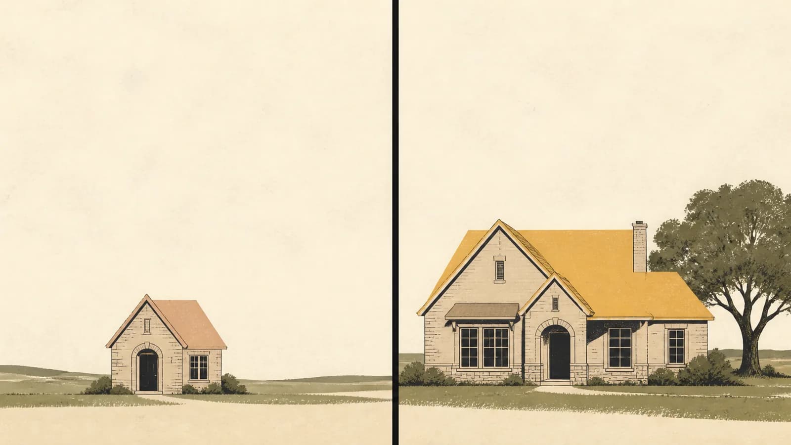 Illustration of a small and a large house separated by one bold vertical line.