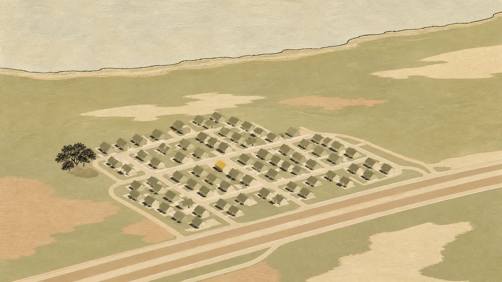 Illustration of a lake edge above a compact grid of new rooftops beside a wide highway band.