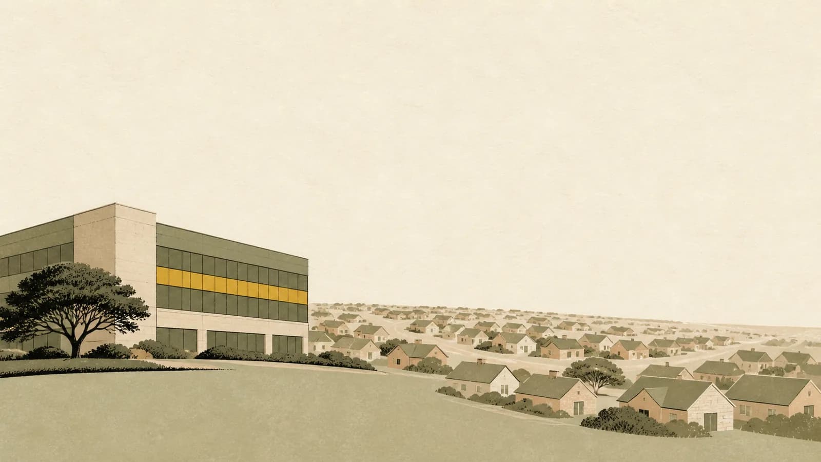 Illustration of a low-rise office block with an arc of small rooftops spreading out from it.