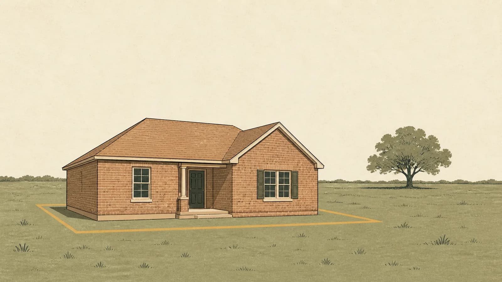 Illustration of a modest brick house sitting neatly inside a rectangular outline that just fits it.