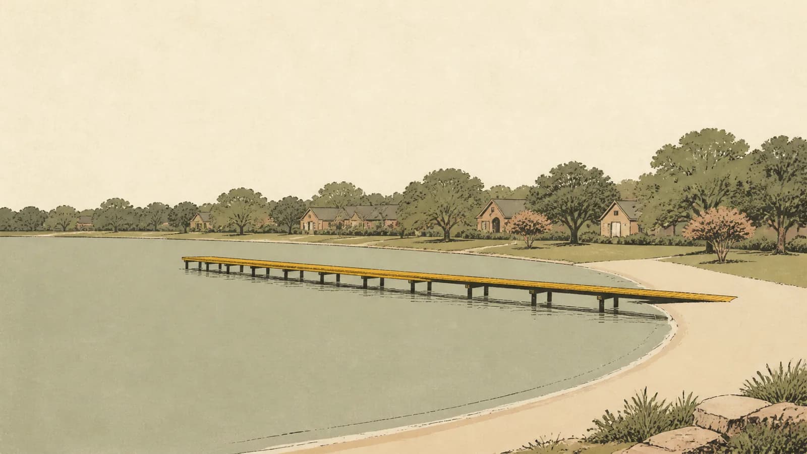 Illustration of a wide sandy lake beach with a wooden pier and rooftops behind the shoreline trees.