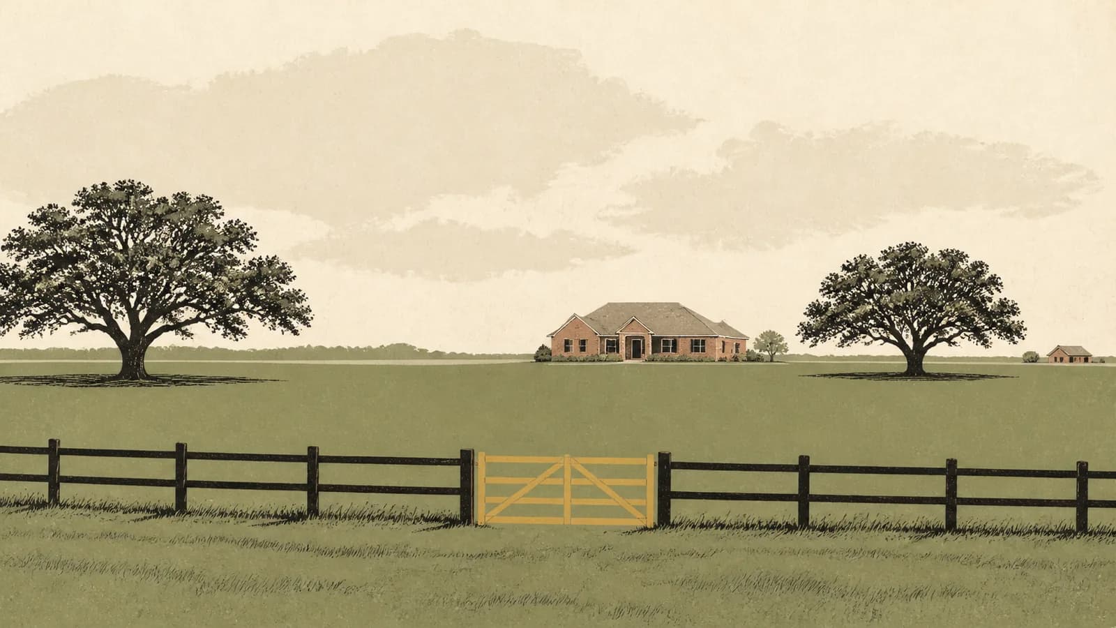 Illustration of one house set far back on a large fenced grass lot with a distant neighbour.