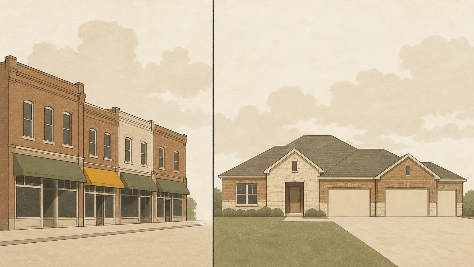 Split illustration comparing a row of historic brick storefronts with a wide new-build suburban house.