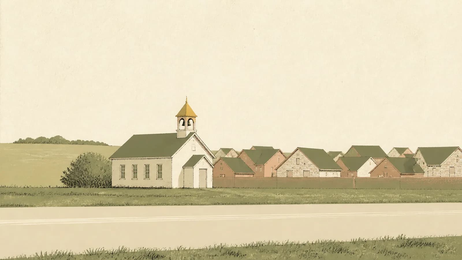 Illustration of a small school building with new rooftops behind it beside a wide highway band.