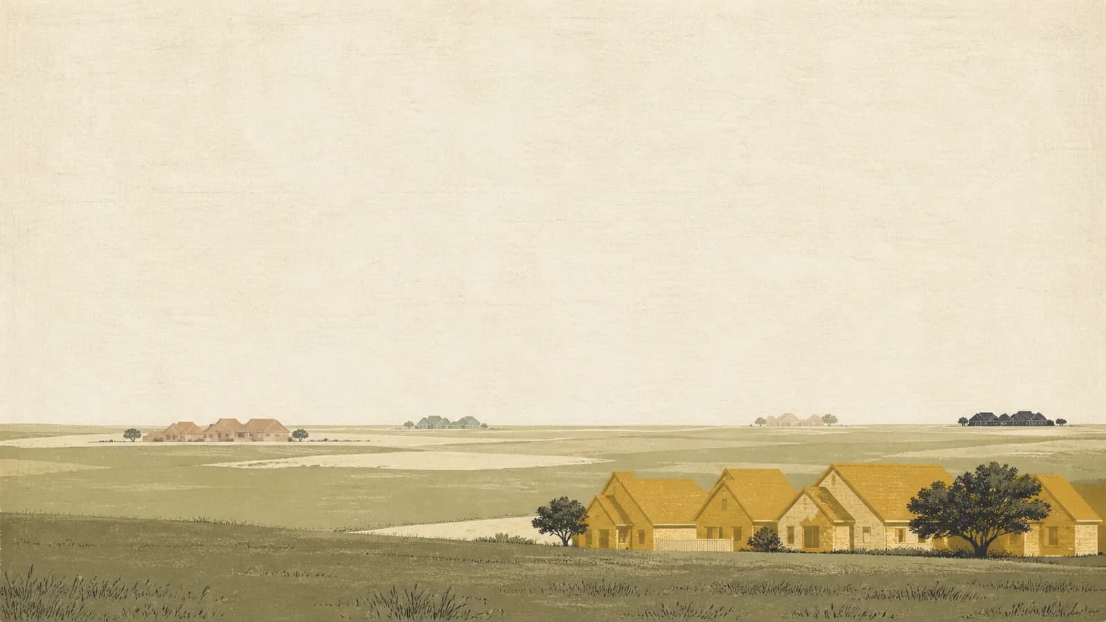 Illustration of a wide prairie horizon with several small rooftop clusters at different distances.