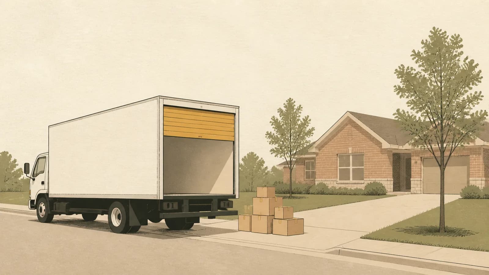 Illustration of a moving truck at the curb with its rear door open and blank boxes stacked on the driveway.