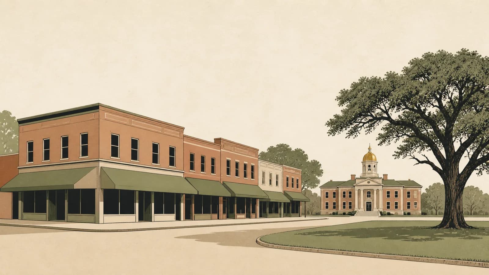 Illustration of a historic town square with brick storefronts and a civic building with a cupola.