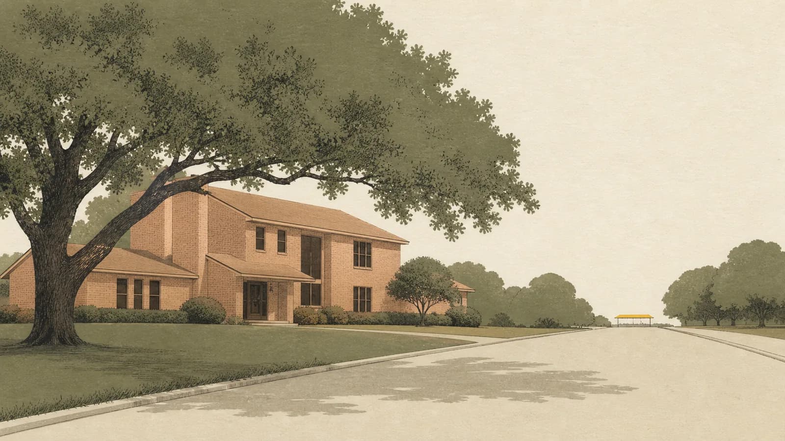 Illustration of an established two-story brick house under a mature oak, with a rail platform at the end of the street.