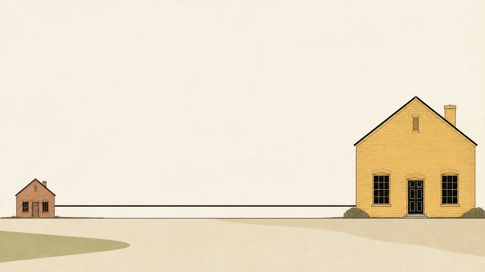 Illustration of a small and a large house at opposite edges of the frame joined by a long rule.