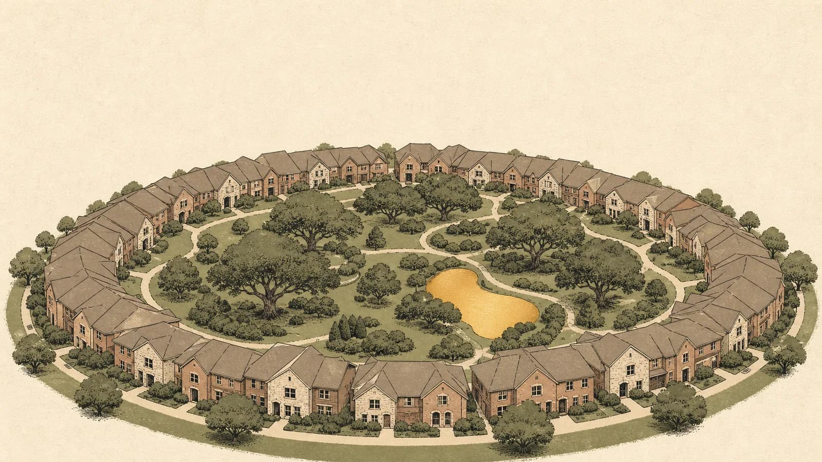Illustration of a closed ring of rooftops enclosing a central green and small pond.
