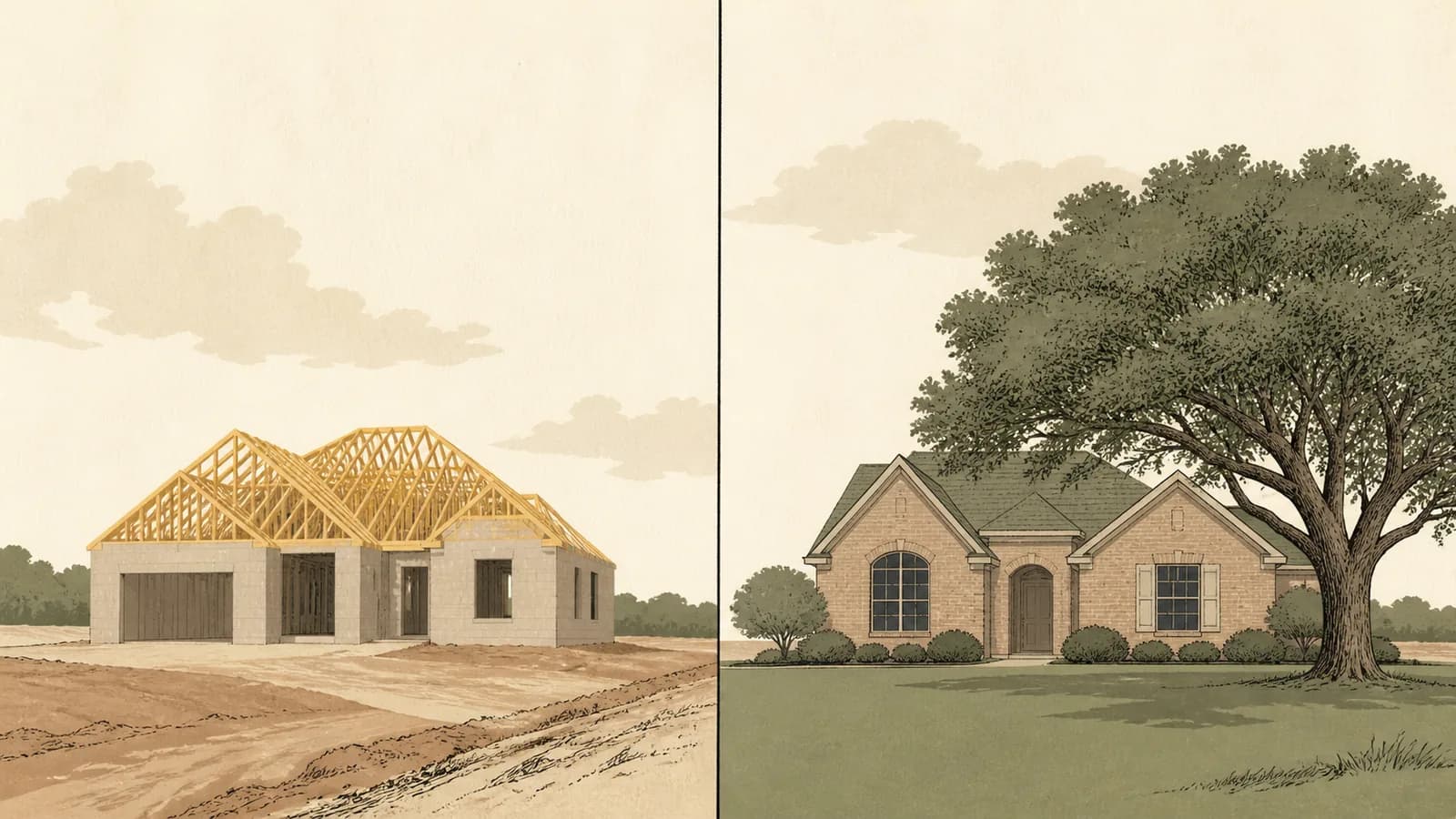 Split illustration comparing a house under construction on a dirt lot with a settled brick house under a mature oak.