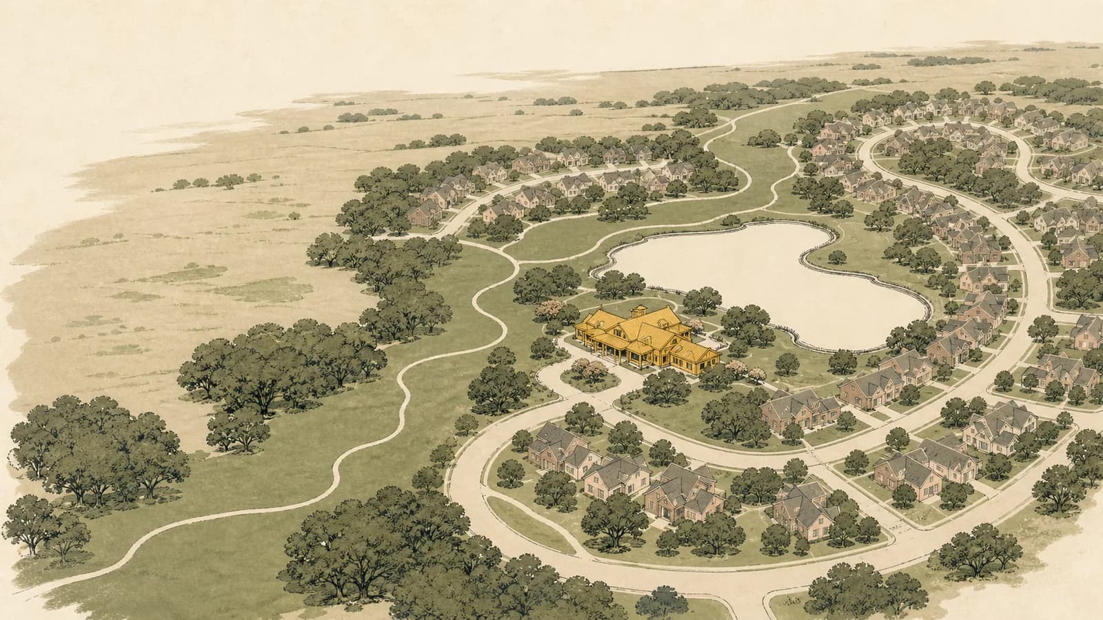 Overhead illustration of a planned neighbourhood around a central amenity building and a lake.