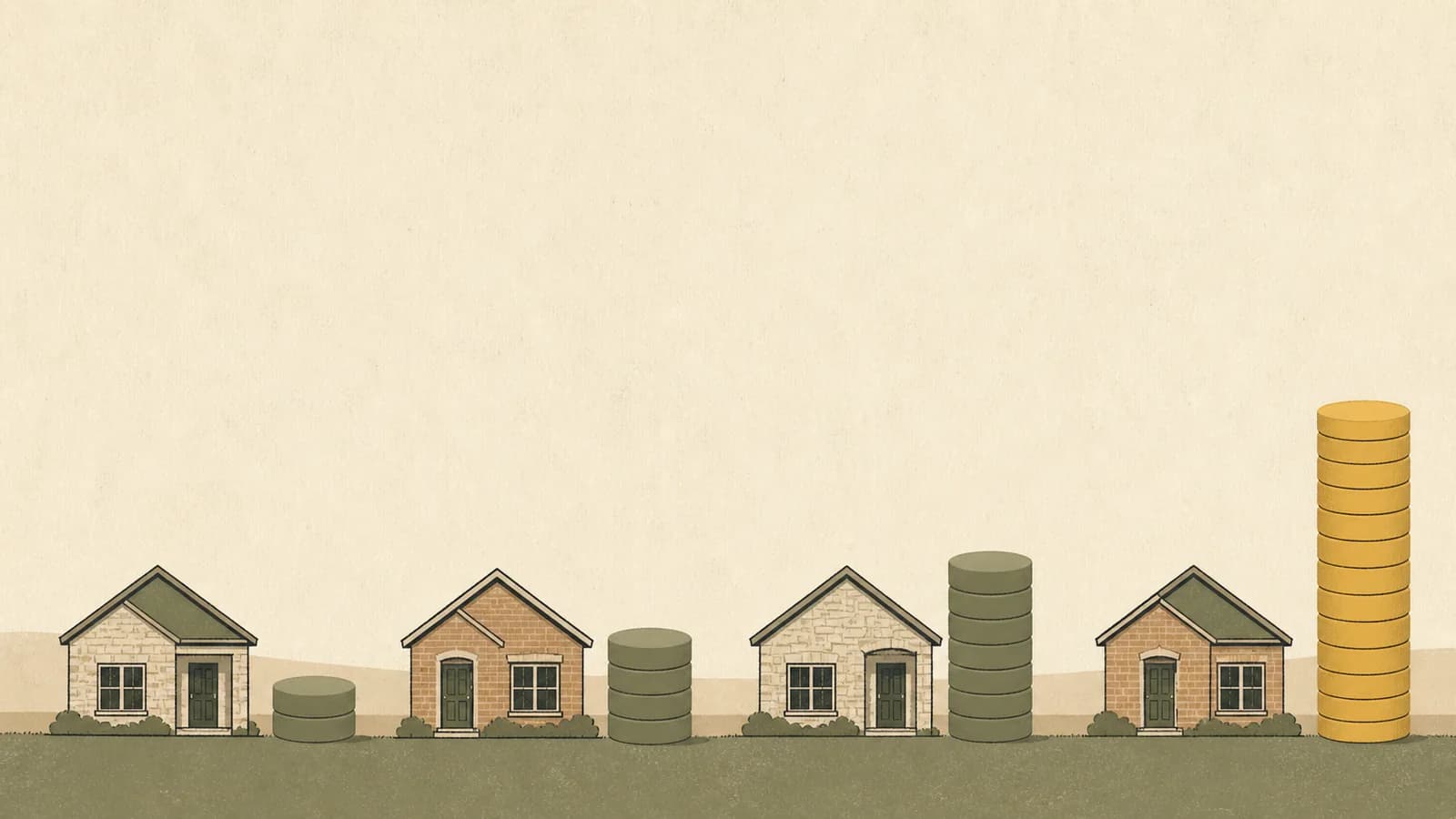 Illustration of four small rental houses each beside a stack of blank discs of different heights.