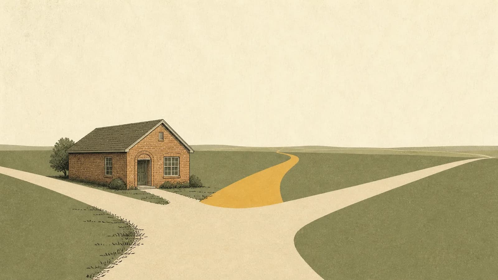Illustration of a house at a three-way fork in the road, each road running toward the horizon.