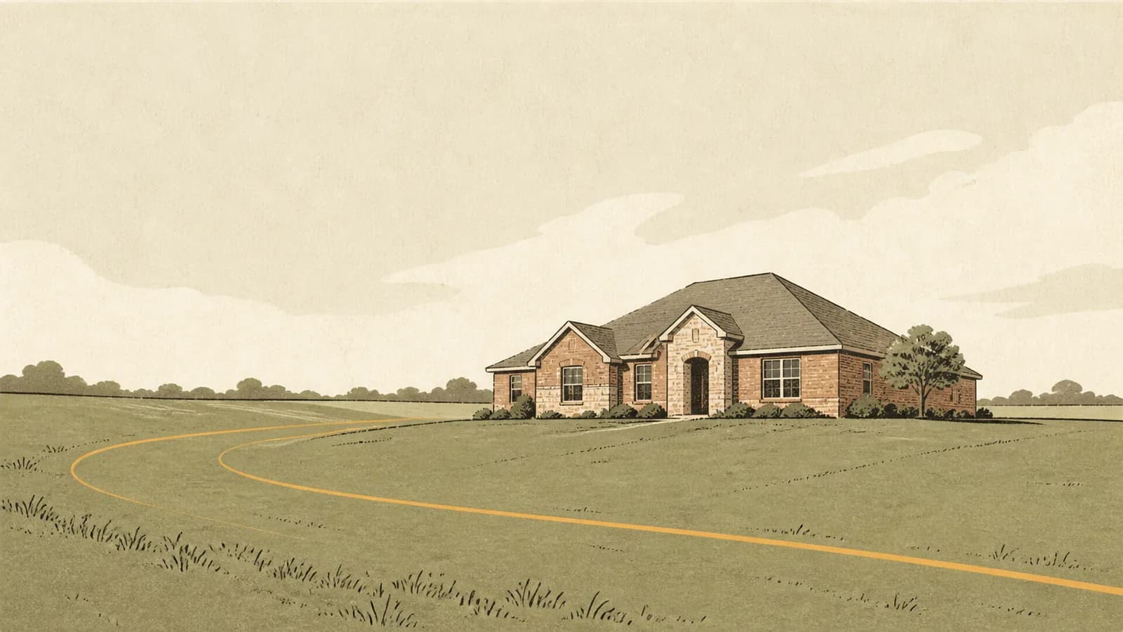 Illustration of a house under a large flat sky mass with a broad drainage swale curving in front.