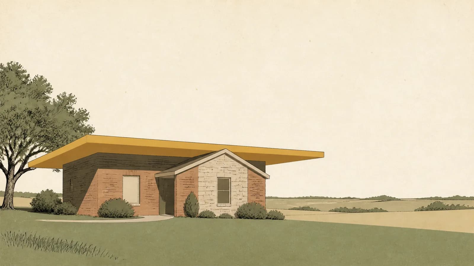 Illustration of a house with a flat horizontal lid resting on its roof and extending past both sides.