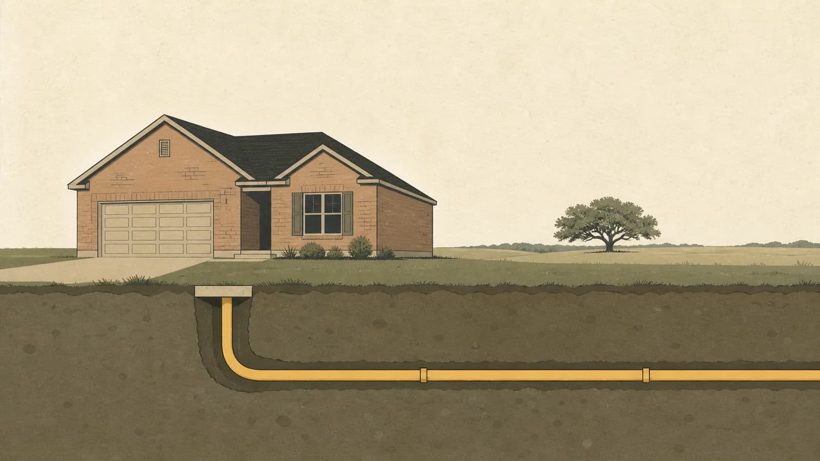 Illustration of a new house with a long buried pipe line running beneath the ground away from it.