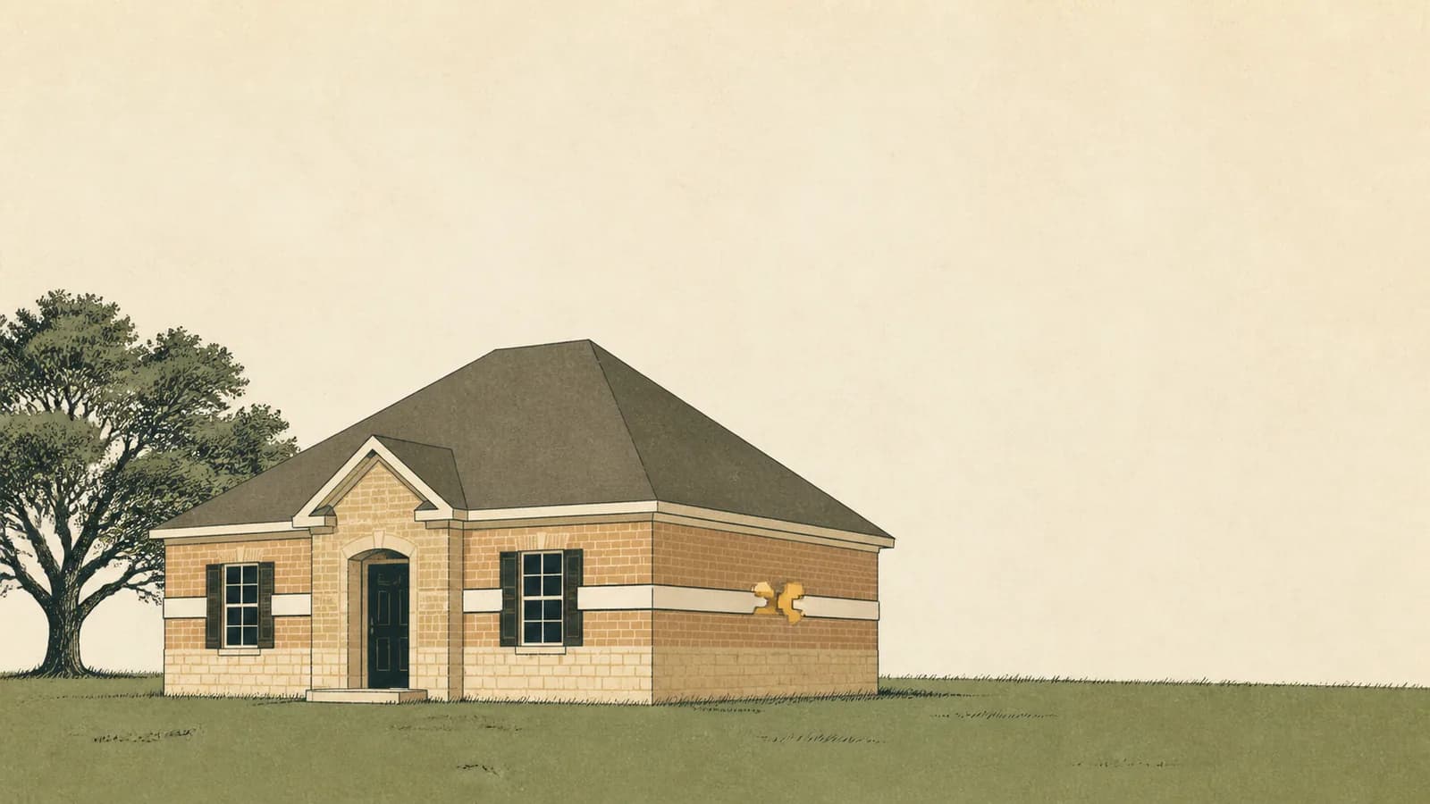 Illustration of a house with a thin band wrapped around it that is breaking open on one side.
