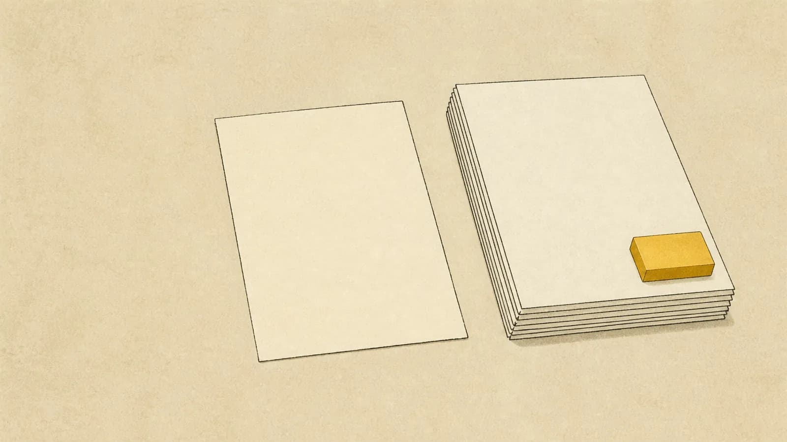 Illustration of a single thin document beside a thick stack of documents with a stamp block.