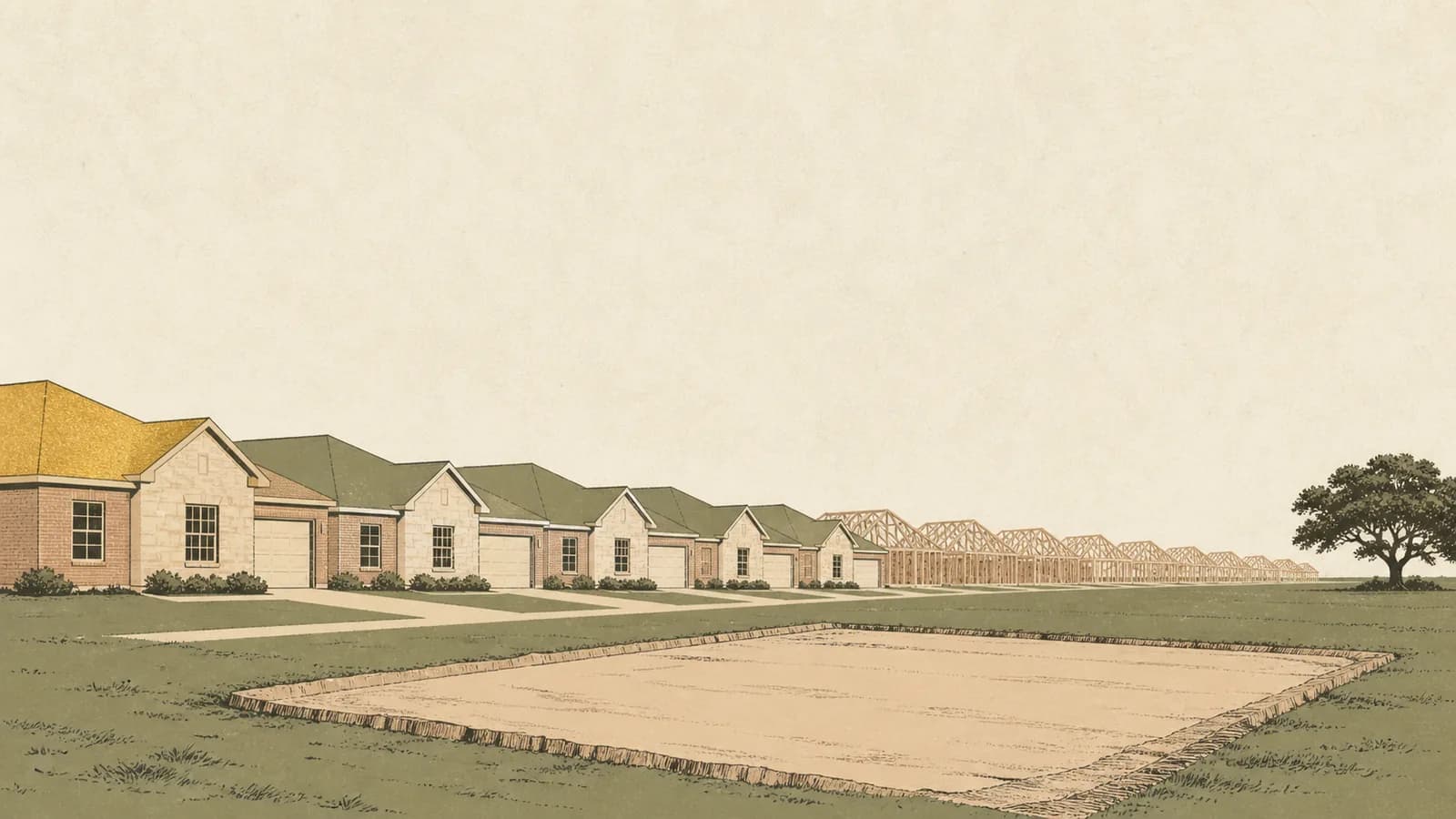 Illustration of a long receding line of new rooftops that turns into bare house frames further back.