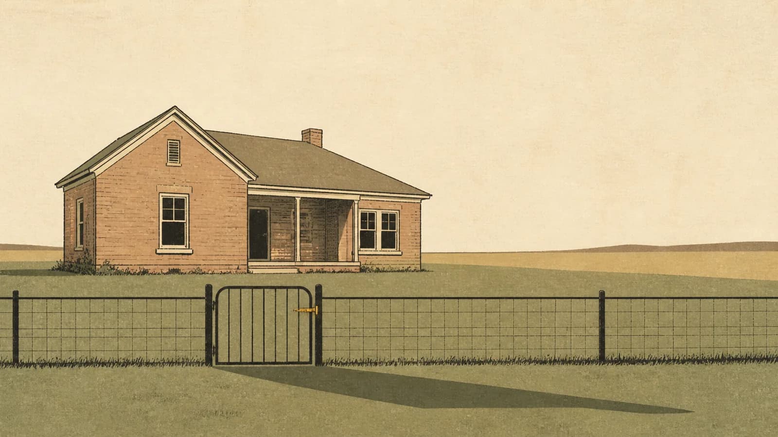 Illustration of an older house behind a low fence with a closed gate and a long calm shadow.