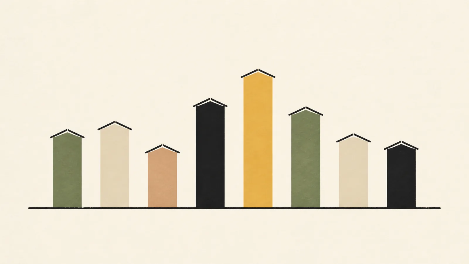 Illustration of eight vertical bars of different heights each topped by a tiny roof shape.