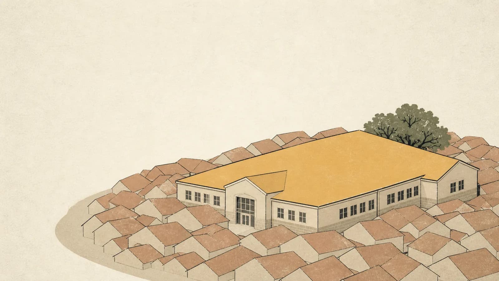 Illustration of one large school building ringed tightly by small rooftops with no space beyond.