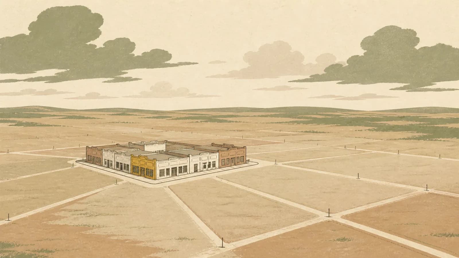Illustration of a small town square block on open prairie with graded lot outlines spreading outward.