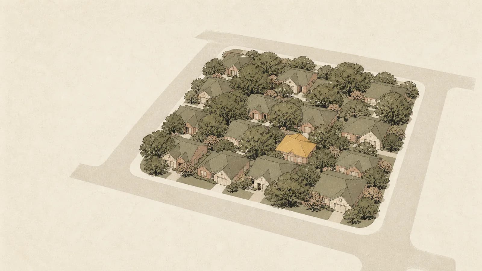Illustration of a compact block of rooftops bounded on all sides by wide highway bands.
